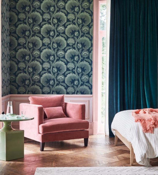 Fanfare Flock Wallpaper - Duck Egg on Dark Petrol - 116/7026 - Cole & Son - Premier Wallcovering