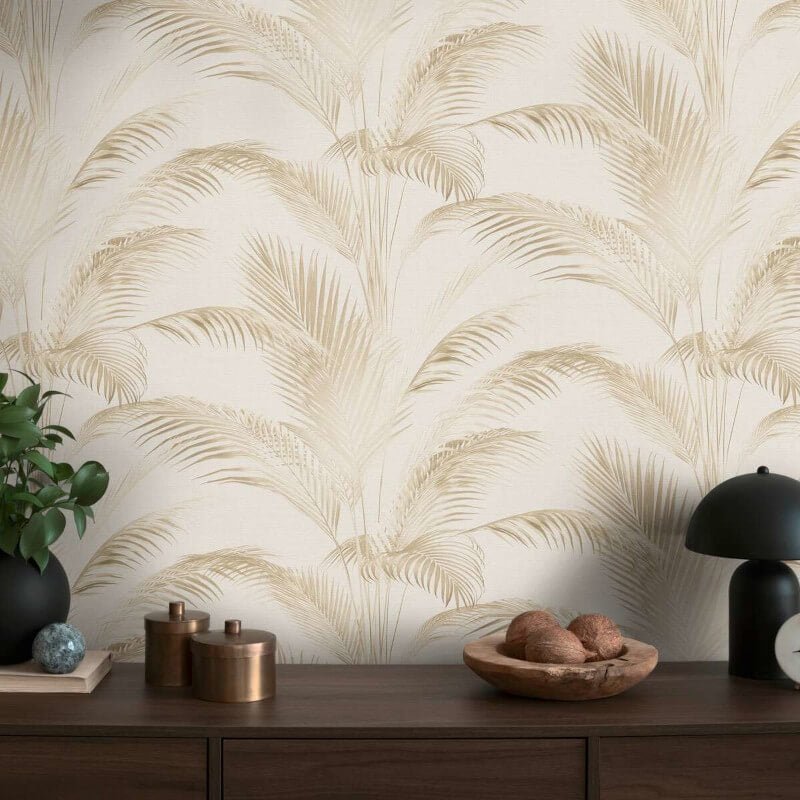 Fanned Palm Leaf Metallic Wallpaper - Cream/Beige - Michalsky Living - 39980-1 - Premier Wallcovering
