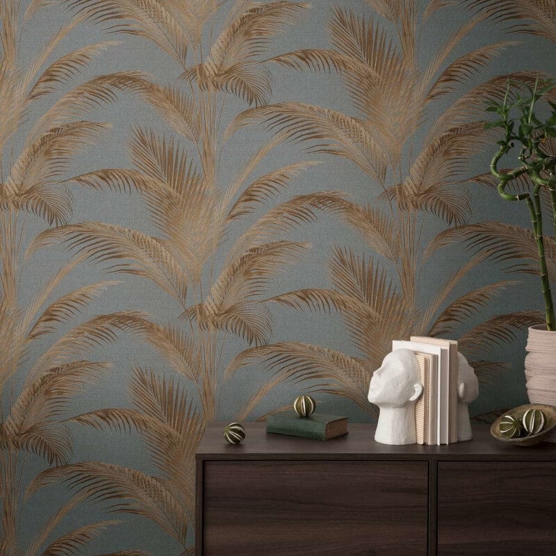 Fanned Palm Leaf Metallic Wallpaper - Grey/Copper - Michalsky Living - 39980-3 - Premier Wallcovering