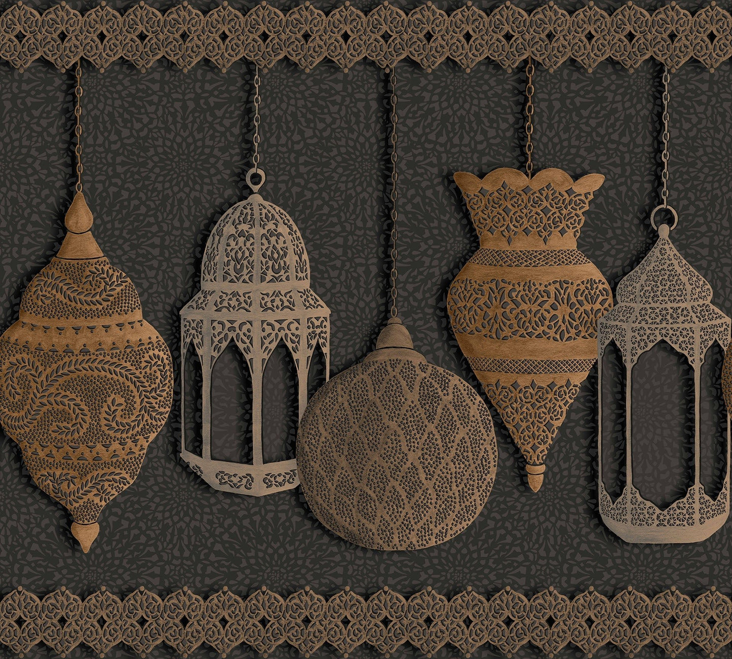 Fez Border Wallpaper - Metallic Silver & Metallic Bronze on Charcoal - 113/6015 - Cole & Son - Premier Wallcovering