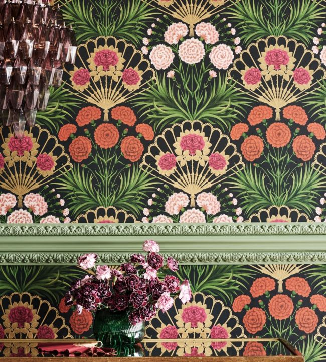 Flamenco Fan Wallpaper - Magenta, Red & Metallic Gilver on Ink - 117/14044 - Cole & Son - Premier Wallcovering