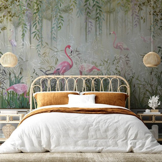 Flamingo Garden Wall Mural - Green - NLXL - UON - 03 - Premier Wallcovering