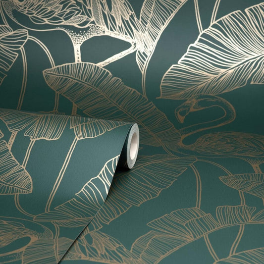 Flamingo Metallic Wallpaper - Emerald - Fine Décor - FD42946 - Premier Wallcovering