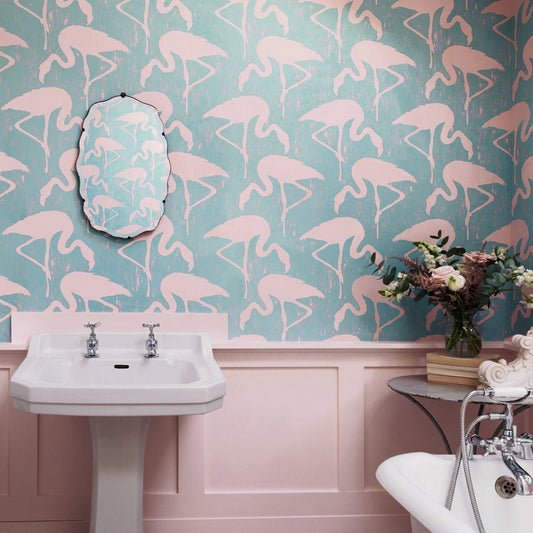 Flamingos Wallpaper - Turquoise Pink - DVIN214569 - Sanderson - Premier Wallcovering