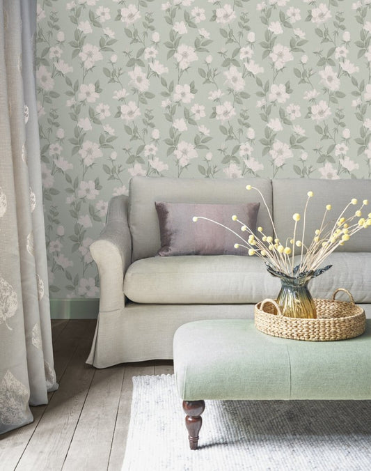 Fleurir Wallpaper - Smoke Green - Laura Ashley - 114917 - Premier Wallcovering