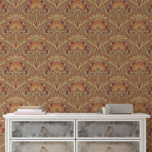 Flora Nouveau Floral Wallpaper - Russet - Crown - M1194 - Premier Wallcovering