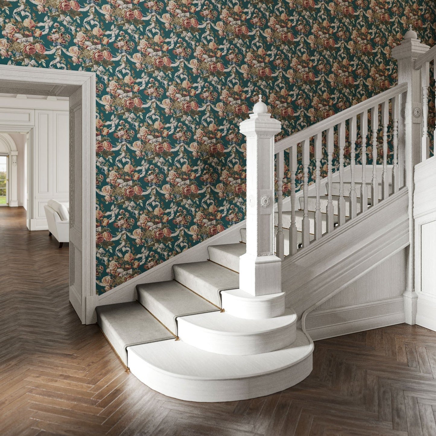 Flora Wallpaper - Teal - Warner House - Premier Wallcovering