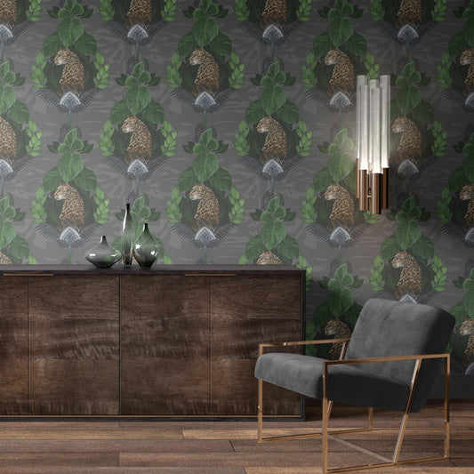 Floral Leopard Wallpaper - Charcoal - The Graduate Collection - EK01LEOPARDCHARCOAL - Premier Wallcovering