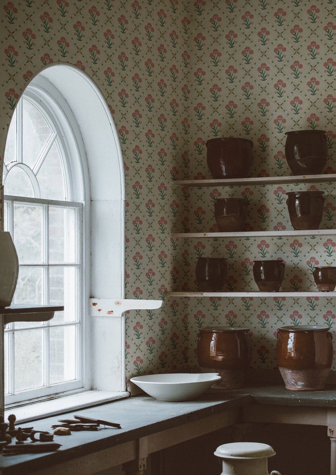 Floral Trellis Wallpaper - Rose - Summer Gray - Premier Wallcovering