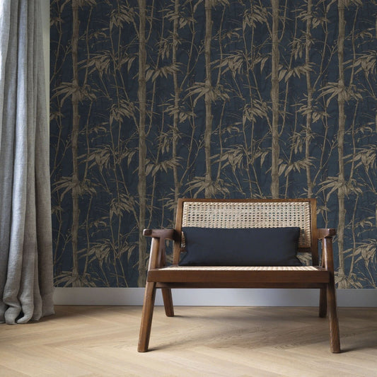 Florentine Bamboo Wallpaper - Navy Blue & Gold - Rasch - 484892 - Premier Wallcovering