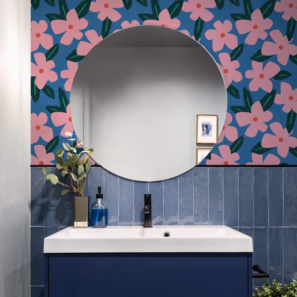 Flower Bomb Wallpaper - Cobalt Blue & Pink - Lust Home - LH900273 - Premier Wallcovering