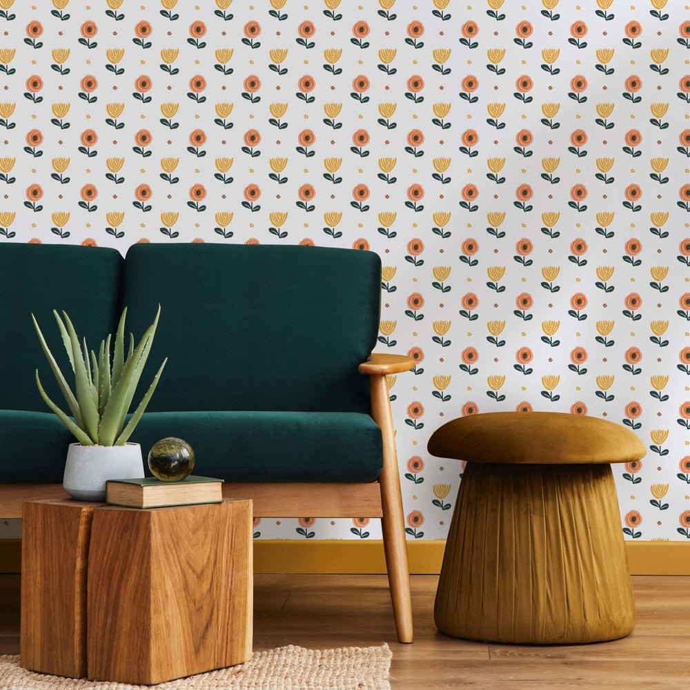 Flower Power Wallpaper - Gerbera Orange & Mustard - Lust Home - LH900095 - Premier Wallcovering