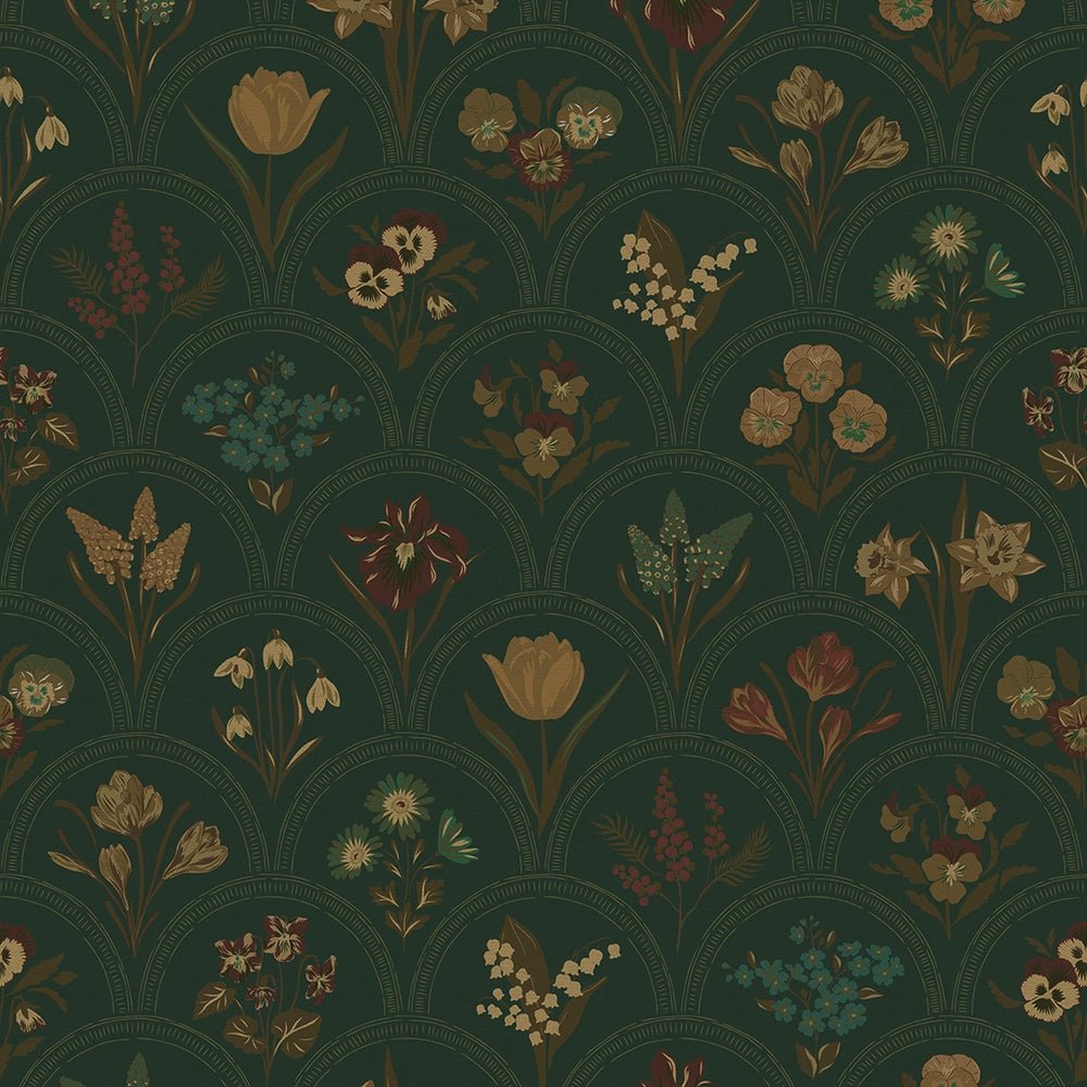 Flowers for Victoria Wallpaper - Rural Tones on Pine Green - LAN100213 - Lucie Annabel - Premier Wallcovering