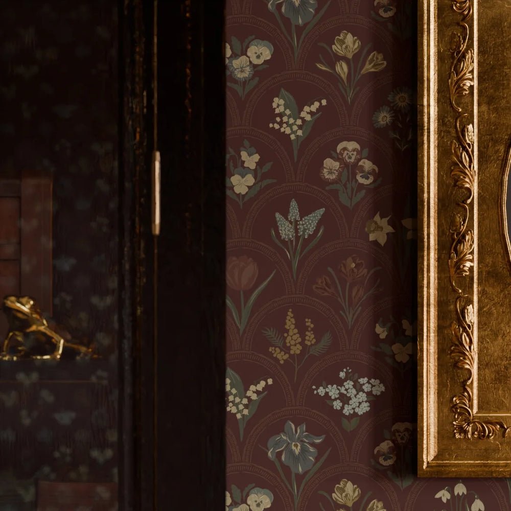 Flowers for Victoria Wallpaper - Rural Tones on Garnet - LAN100214 - Lucie Annabel - Premier Wallcovering