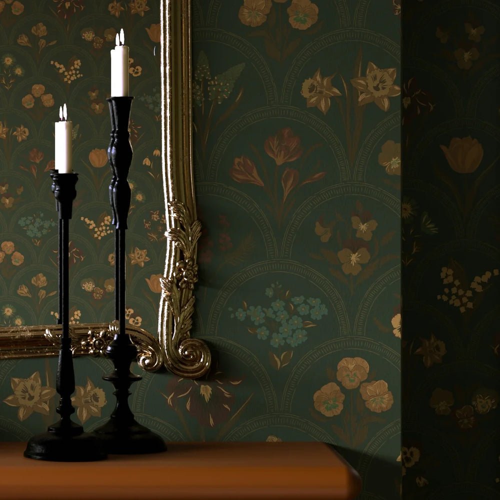 Flowers for Victoria Wallpaper - Rural Tones on Pine Green - LAN100213 - Lucie Annabel - Premier Wallcovering