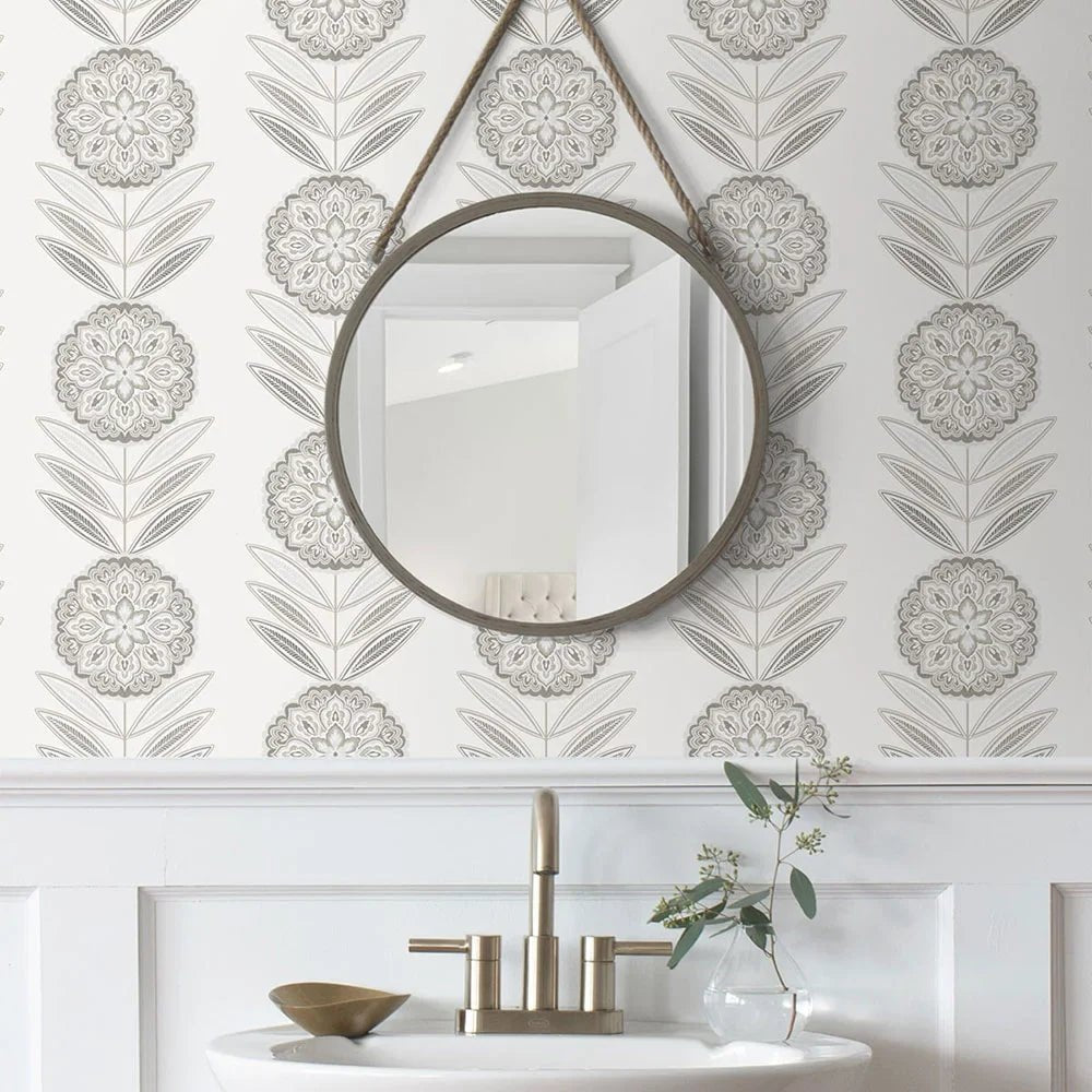 Folk Flowers Wallpaper - Morning Fog - NextWall - NW59900 - Premier Wallcovering