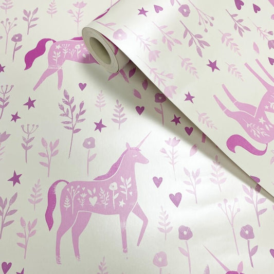 Folk Unicorn Wallpaper - Pink - Catherine Lansfield - 165570 - Premier Wallcovering