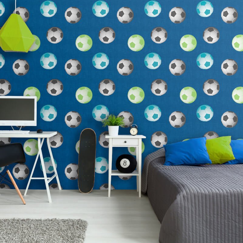 Footballs Wallpaper - Blue Multi - Catherine Lansfield - 165571 - Premier Wallcovering