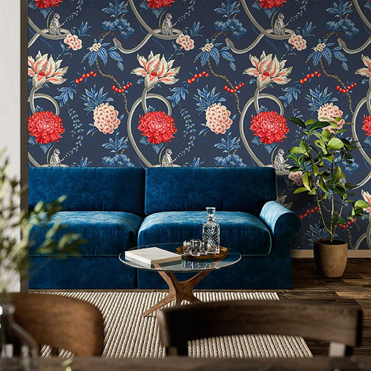 Forbidden Fruit Floral Wallpaper - Blue - Belgravia - 39003 - Premier Wallcovering