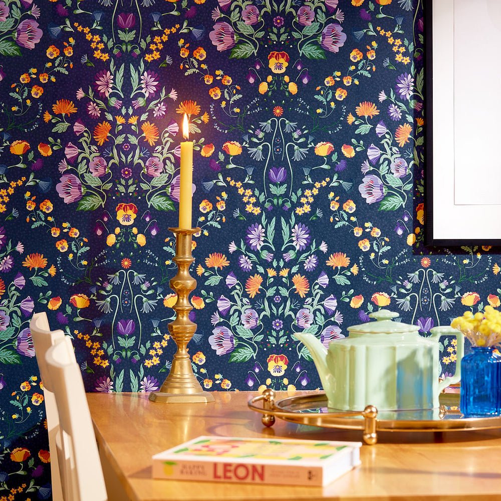 Forget Me Not Wallpaper - Navy, Pansy Purple, Fern & Citrus - Lust Home - LH900393 - Premier Wallcovering