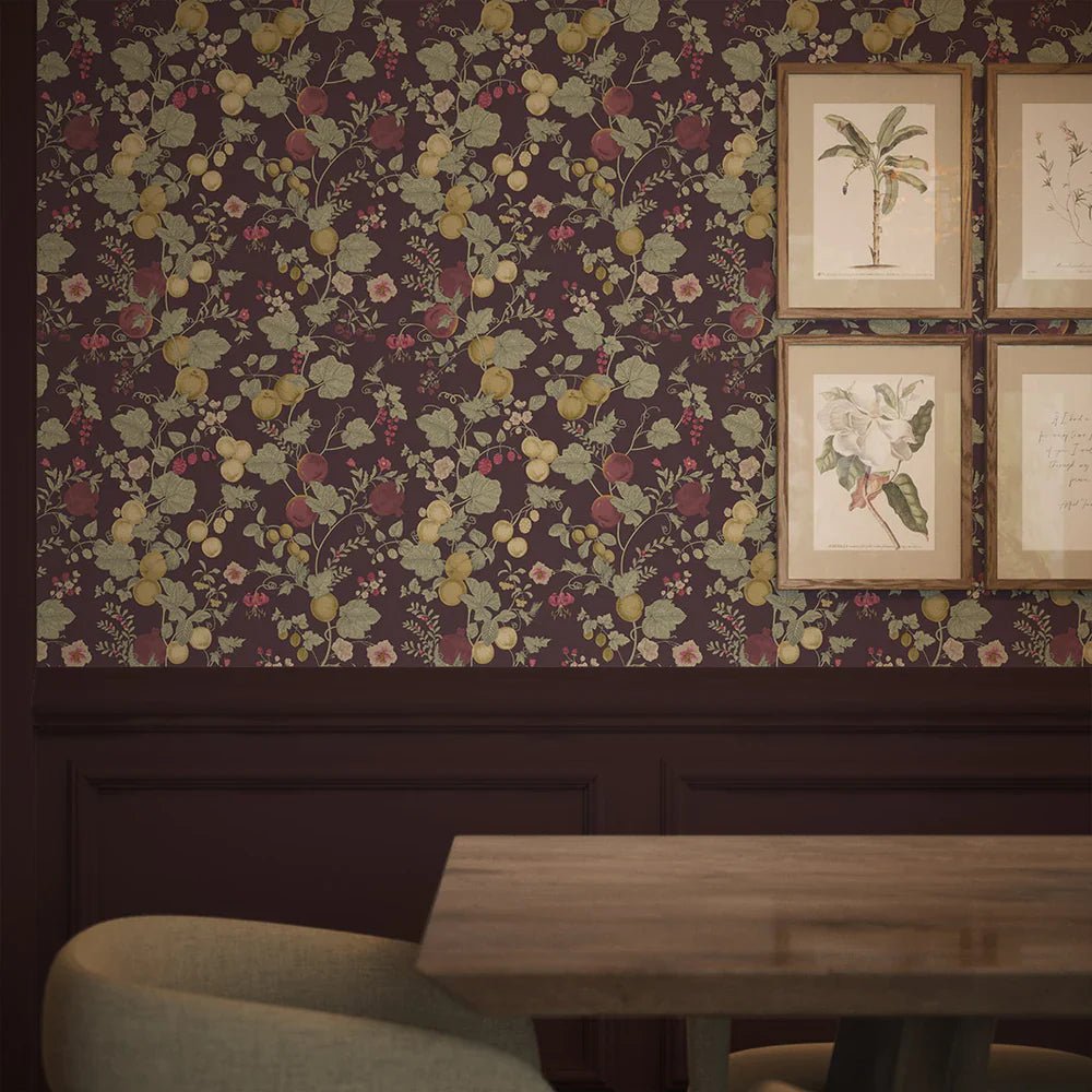 Forgotten Fruit Wallpaper - Sage Green, Raspberry and Gold on Wild Plum - LAN100094 - Lucie Annabel - Premier Wallcovering
