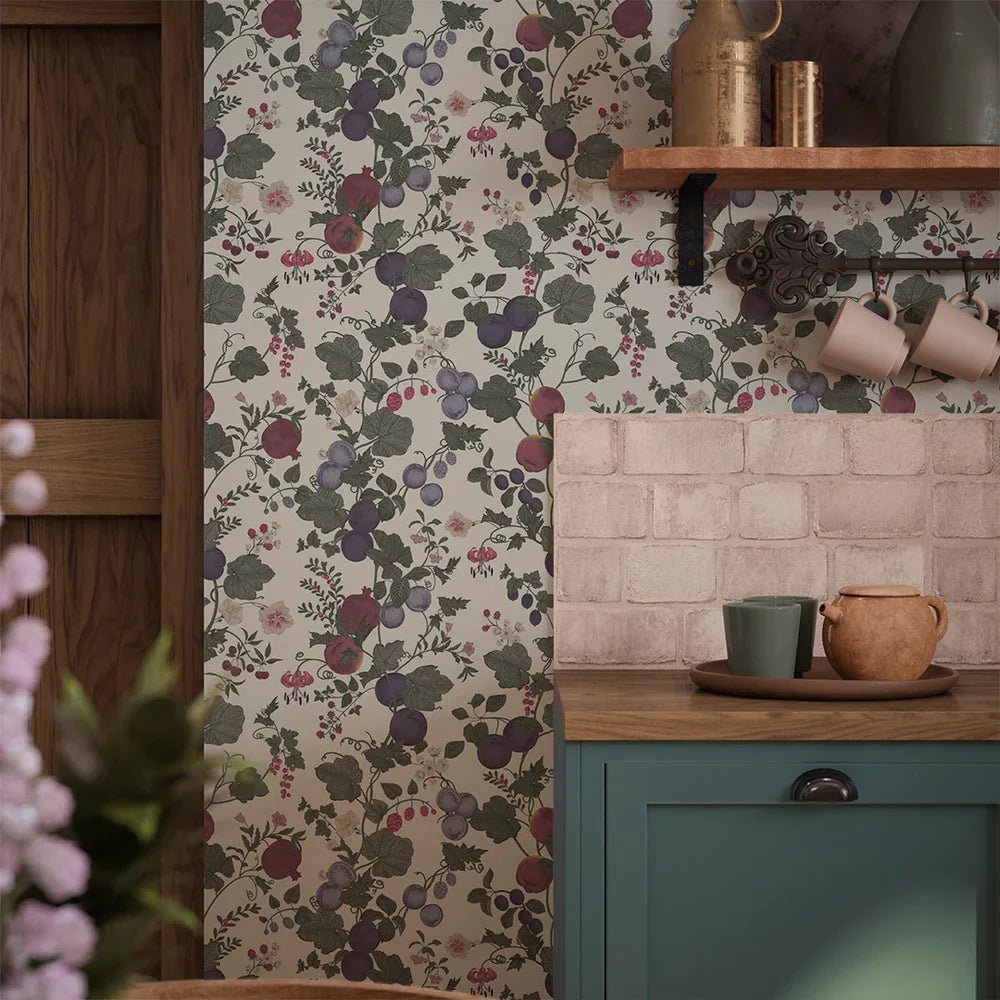 Forgotten Fruit Wallpaper - Nettle Green, Wild Plum and Lavender on Vintage Cream - LAN100066 - Lucie Annabel - Premier Wallcovering