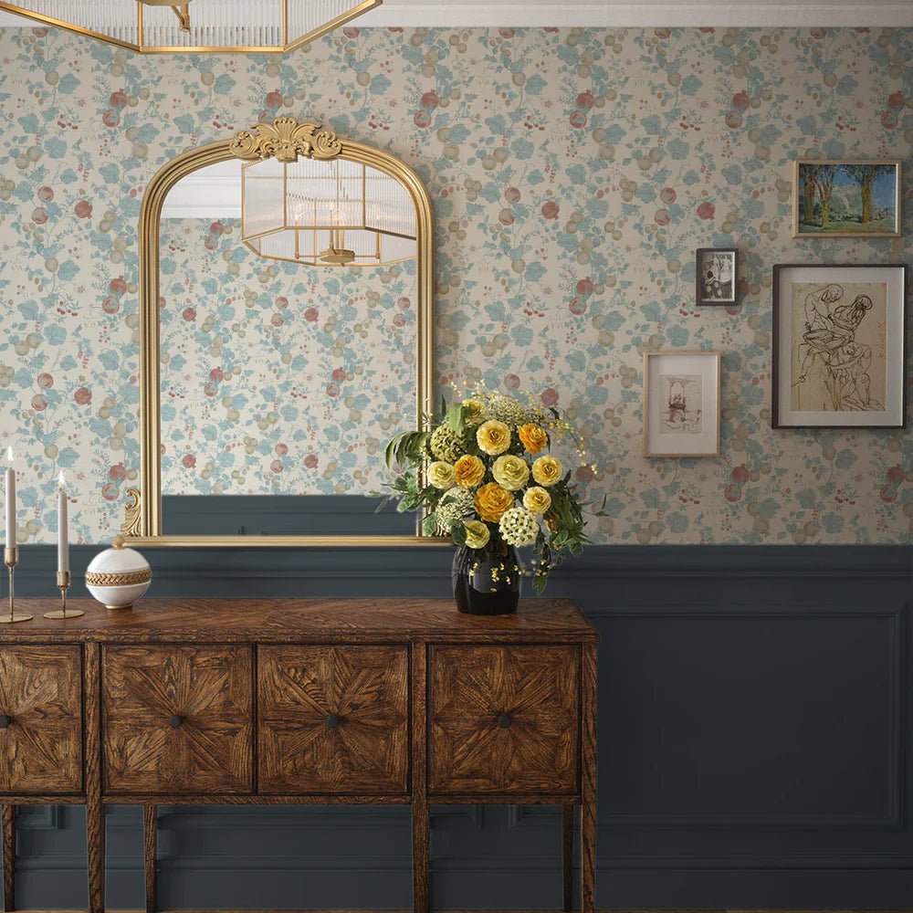 Forgotten Fruit Wallpaper - Duck Egg and Pomegranate on Vintage Cream - LAN100069 - Lucie Annabel - Premier Wallcovering