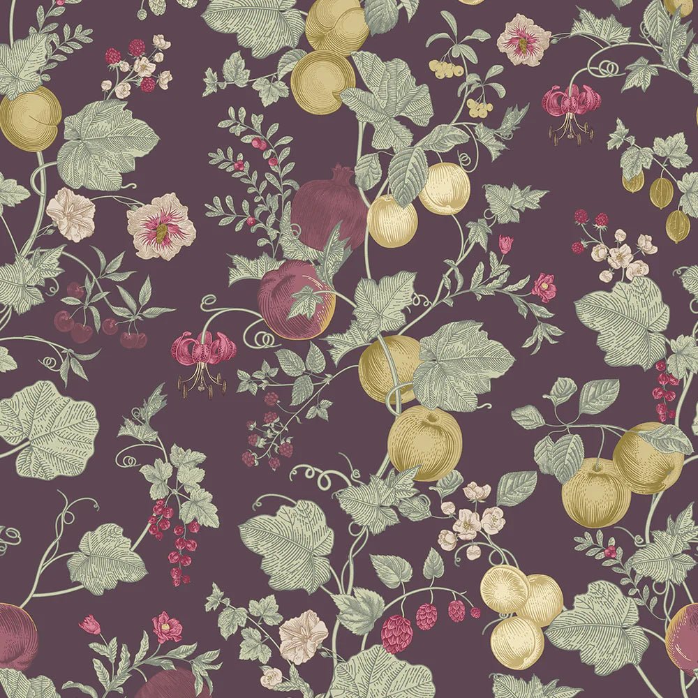 Forgotten Fruit Wallpaper - Sage Green, Raspberry and Gold on Wild Plum - LAN100094 - Lucie Annabel - Premier Wallcovering