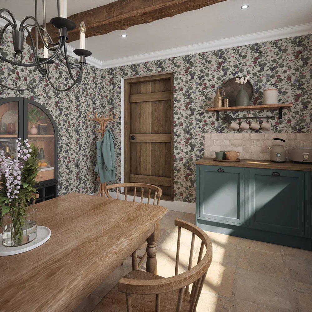 Forgotten Fruit Wallpaper - Nettle Green, Wild Plum and Lavender on Vintage Cream - LAN100066 - Lucie Annabel - Premier Wallcovering