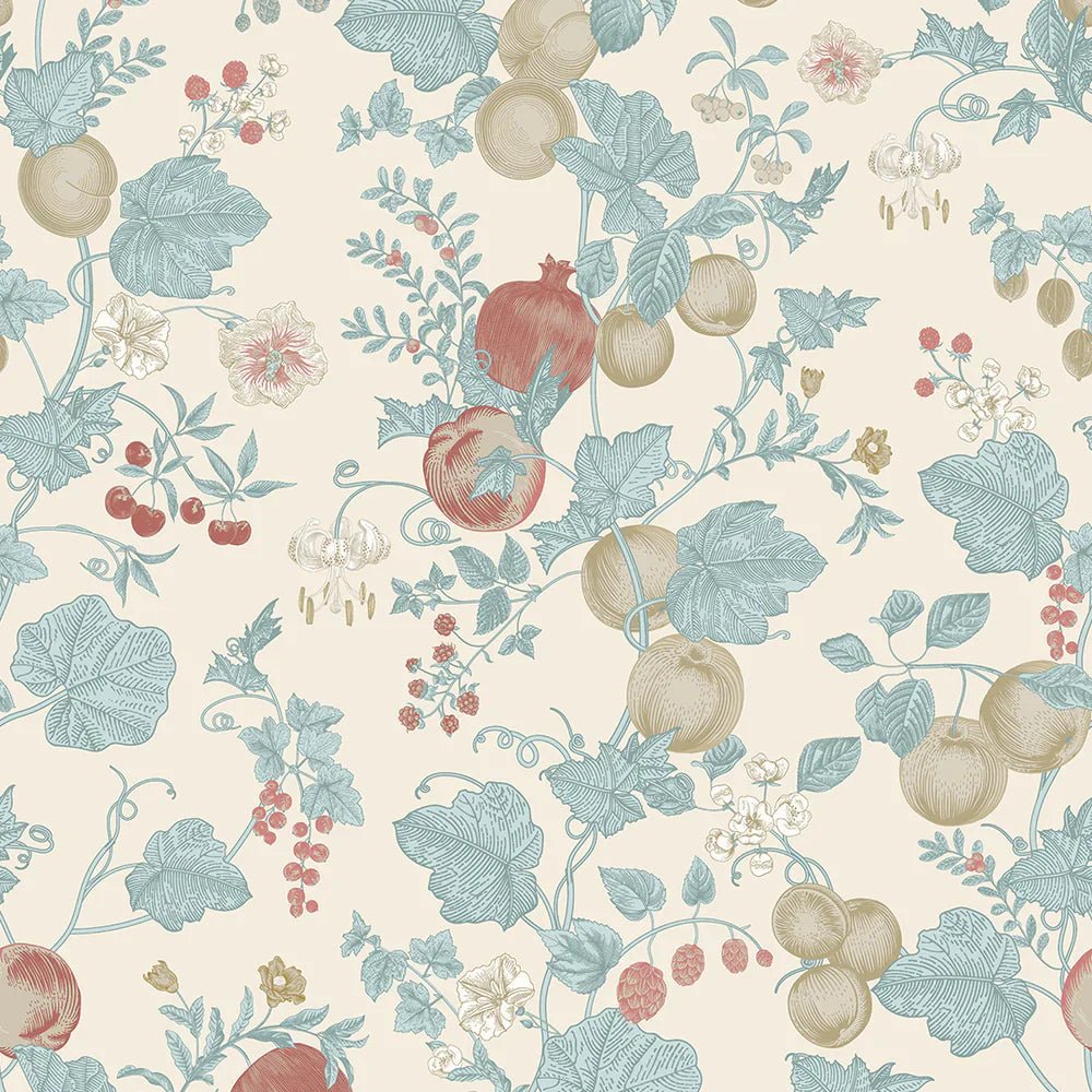Forgotten Fruit Wallpaper - Duck Egg and Pomegranate on Vintage Cream - LAN100069 - Lucie Annabel - Premier Wallcovering