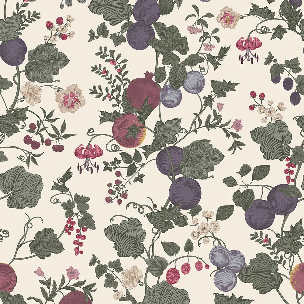 Forgotten Fruit Wallpaper - Nettle Green, Wild Plum and Lavender on Vintage Cream - LAN100066 - Lucie Annabel - Premier Wallcovering