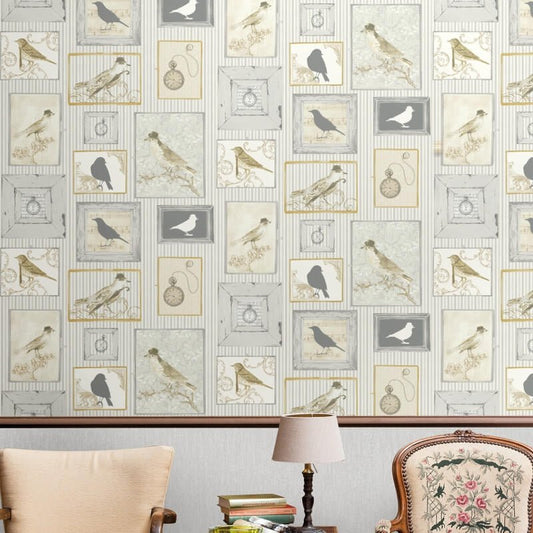Framed Birds Wallpaper - Silver/Multi - SK Filson - FI2501 - Premier Wallcovering