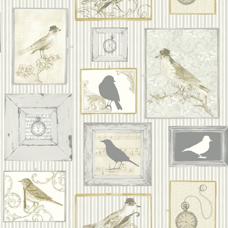 Framed Birds Wallpaper - Silver/Multi - SK Filson - FI2501 - Premier Wallcovering