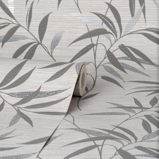 Fusion Leaf Metallic Wallpaper - Grey - Crown - M1771 - Premier Wallcovering