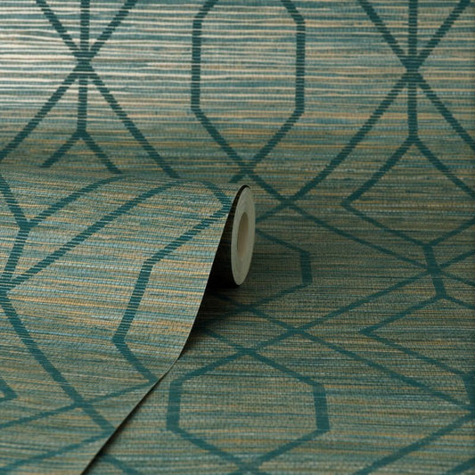 Fusion Trellis Metallic Wallpaper - Teal - Crown - M1773 - Premier Wallcovering