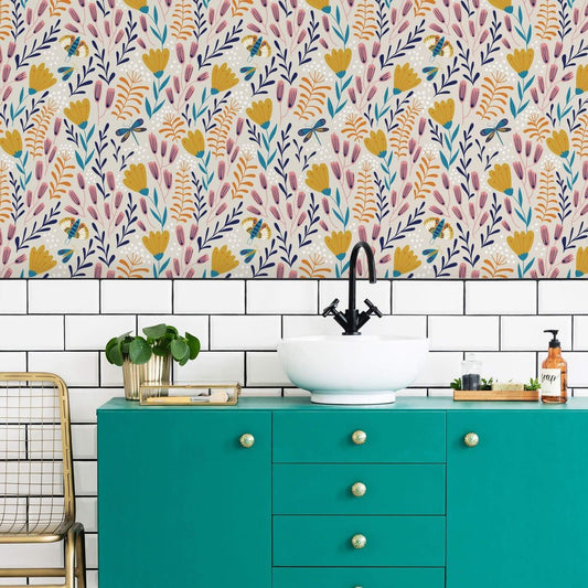 Garden of Eden Wallpaper - Peony Pink, Turquoise & Mustard - Lust Home - LH900037 - Premier Wallcovering