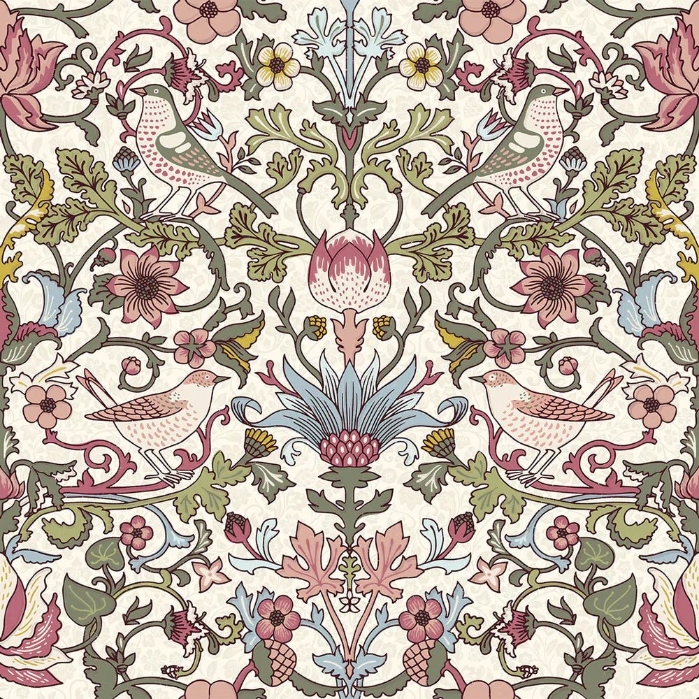 Garden Visitors Wallpaper - Raspberry, Mineral and Olive on Windsor Cream - LAN100009 - Lucie Annabel - Premier Wallcovering