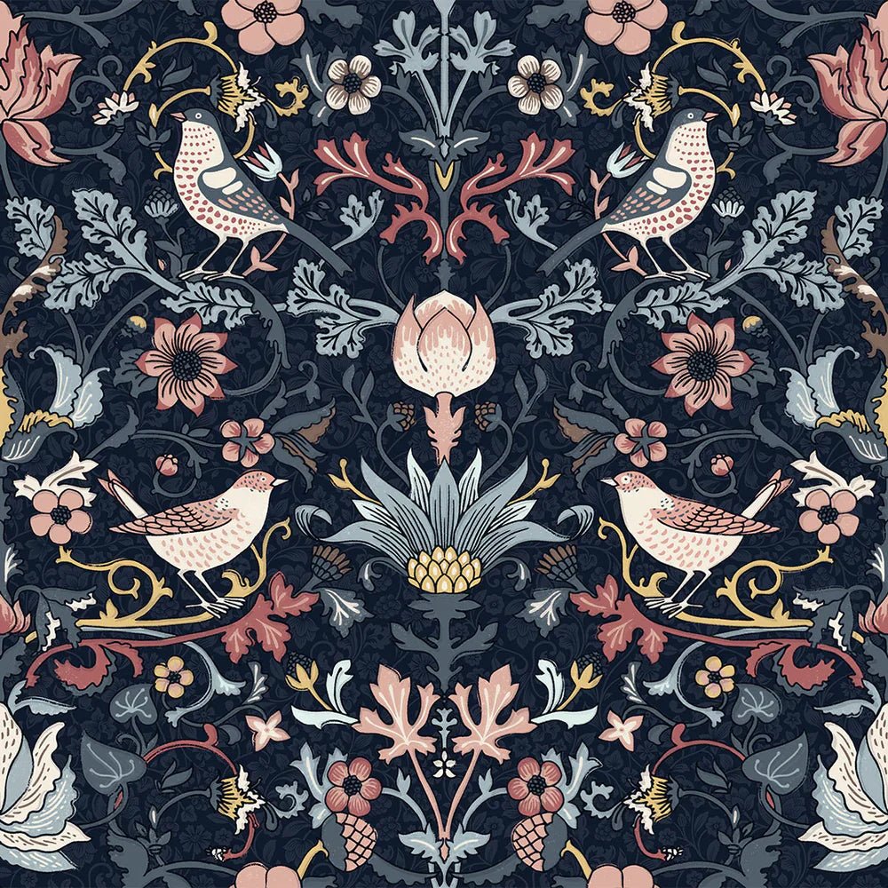 Garden Visitors Wallpaper - Shades of Rose and Mineral on Royal Navy - LAN100008 - Lucie Annabel - Premier Wallcovering