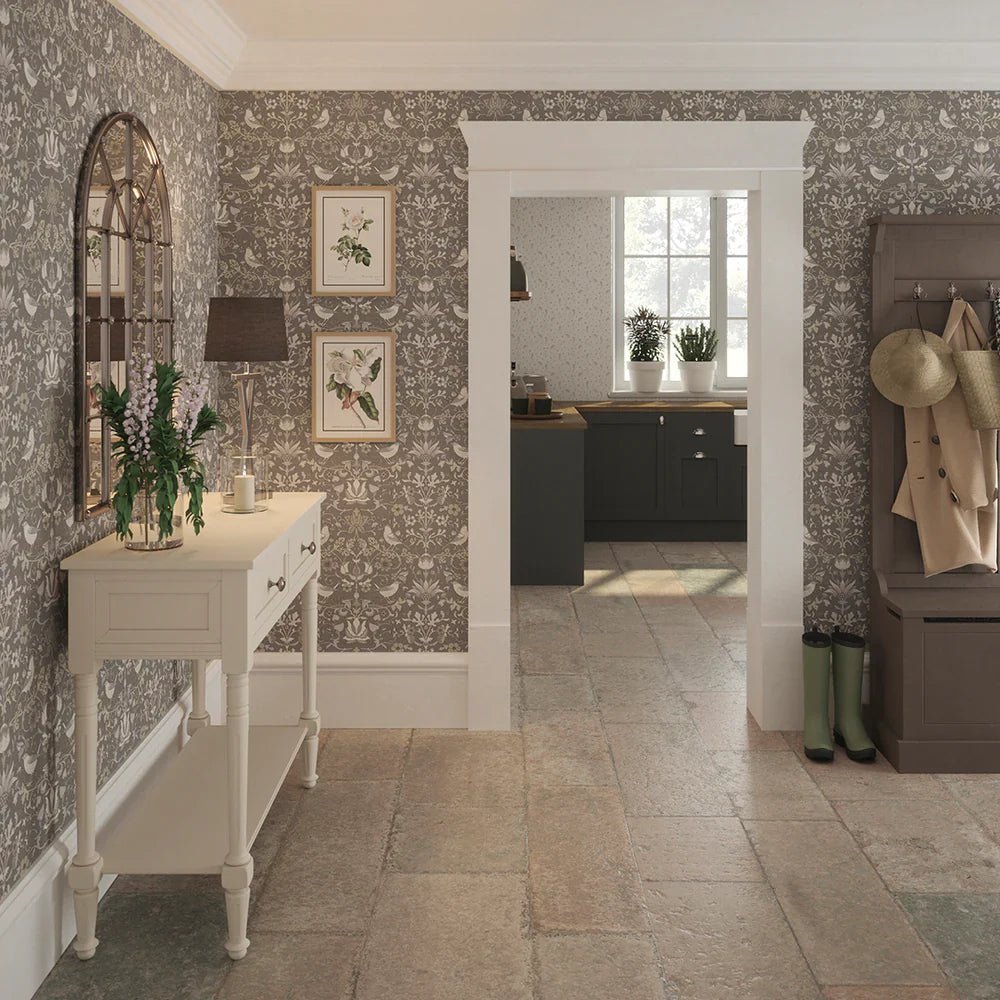Garden Visitors Wallpaper - Earl Blue and Vintage Cream on Earl Grey - LAN100082 - Lucie Annabel - Premier Wallcovering