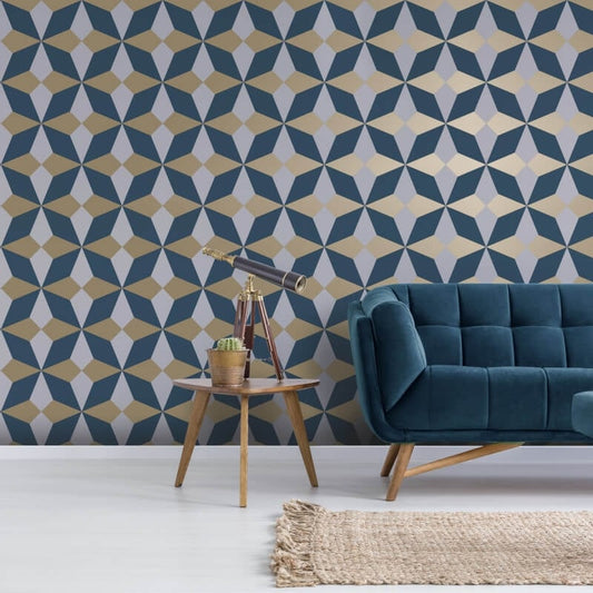Geometric Metallic Wallpaper - Navy/Gold - Fine Décor - FD42548 - Premier Wallcovering