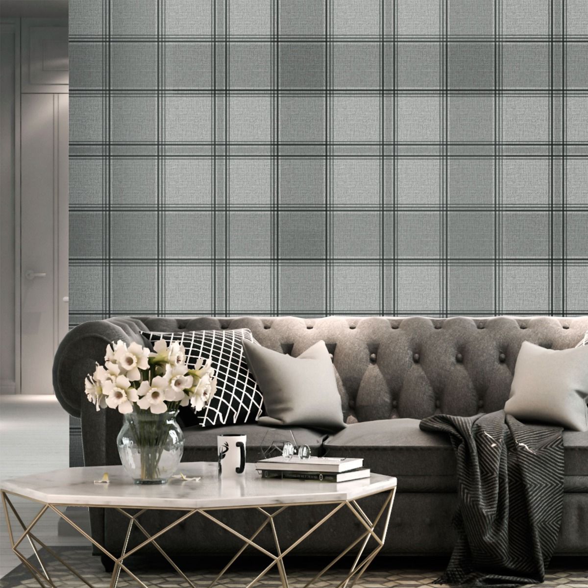 Giorgio Check Wallpaper - Silver - Belgravia - 8101 - Premier Wallcovering
