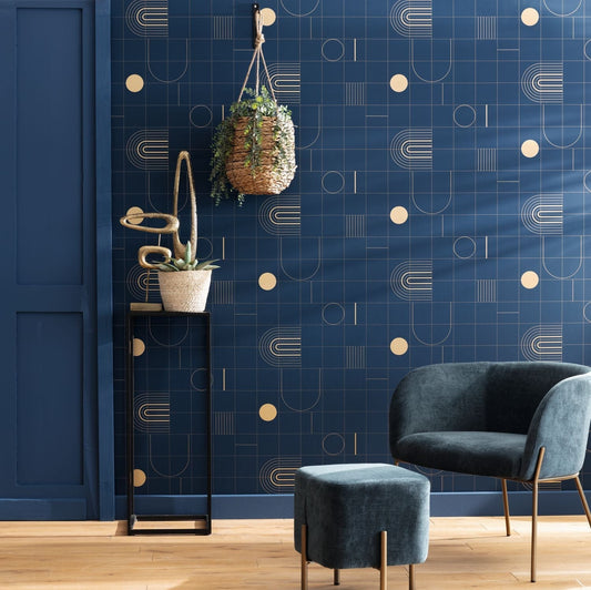 Golden Curves Wallpaper - Midnight Blue - Caselio - 102706221 - Premier Wallcovering