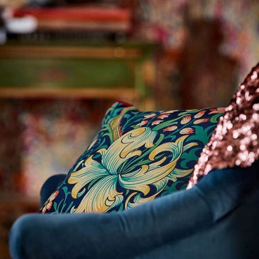 Golden Lily Fabric - Midnight/Green - Morris & Co - DMC1G3202 - Premier Wallcovering