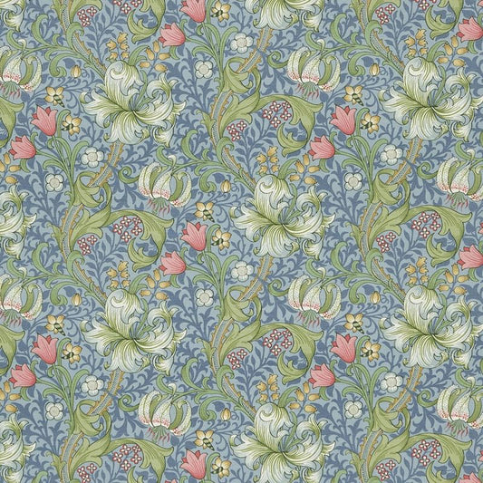 Golden Lily Fabric - Midnight/Green - Morris & Co - DMC1G3202 - Premier Wallcovering