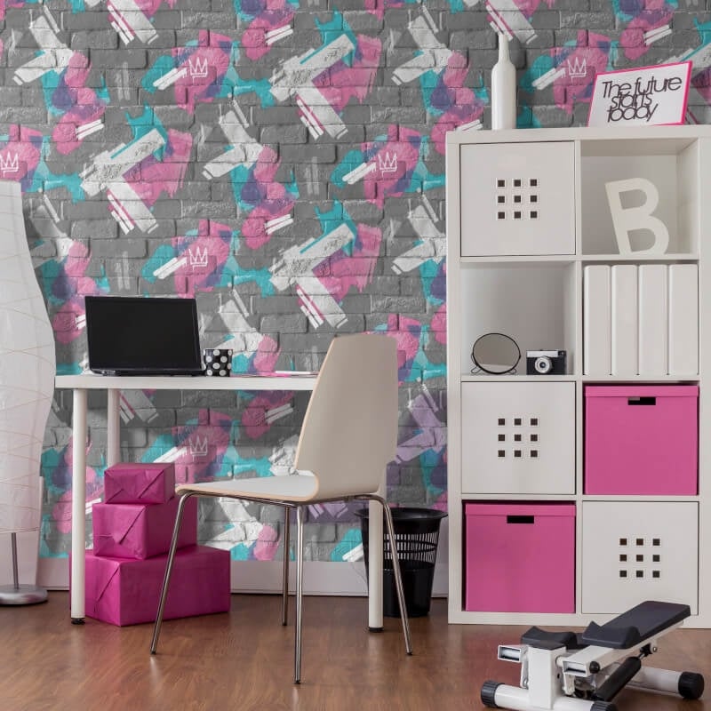 Graffiti Brush Brick Wallpaper - Charcoal/Pink - Muriva - M46609 - Premier Wallcovering
