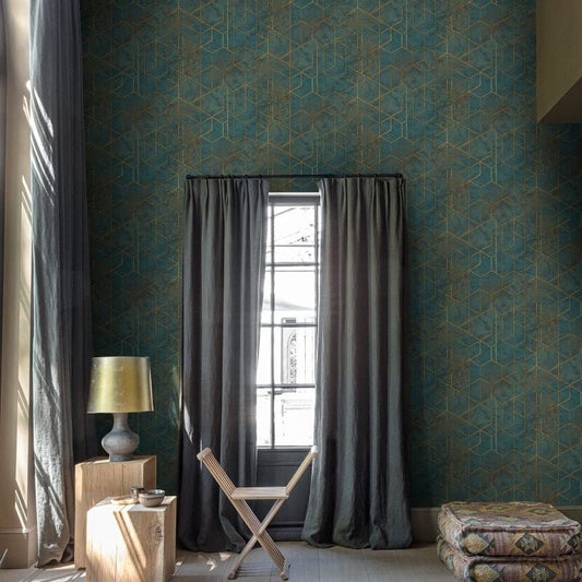 Grand Onyx Geo Metallic Wallpaper - Teal - Grandeco - WL2501 - Premier Wallcovering