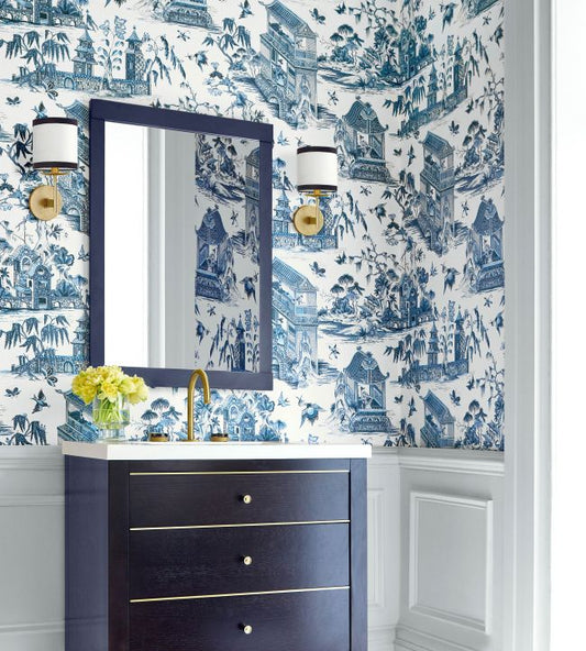 Grand Palace Wallpaper - Blue & White - Thibaut - T13614 - Premier Wallcovering