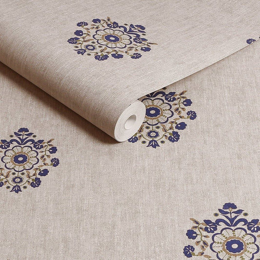 Grove Motif Wallpaper - Linen & Blue - Joules - 128941 - Premier Wallcovering