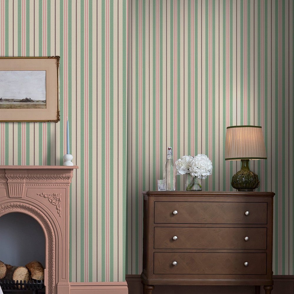 Grove Stripe Wallpaper - Pink & Green - Joules - 128923 - Premier Wallcovering