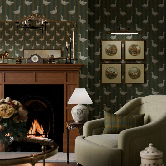 Guard Goose Wallpaper - Gentleman Green and Pine Green - LAN100234 - Lucie Annabel - Premier Wallcovering